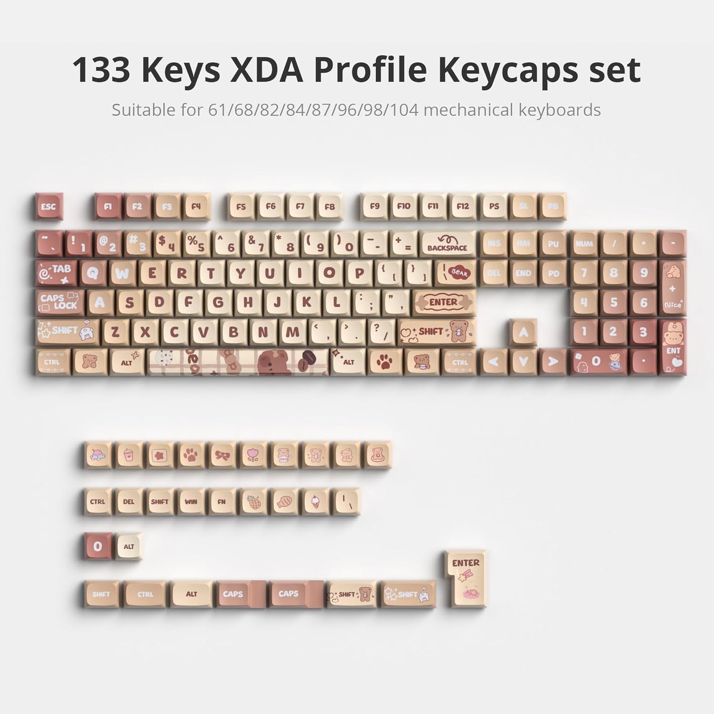 133 Keys PBT Keycap XDA Profile Keycaps Dye-Sublimation Custom Keycaps for MX Switches 60% 75% 100% Mechanical Gaming Keyboards(Caramel Bear)