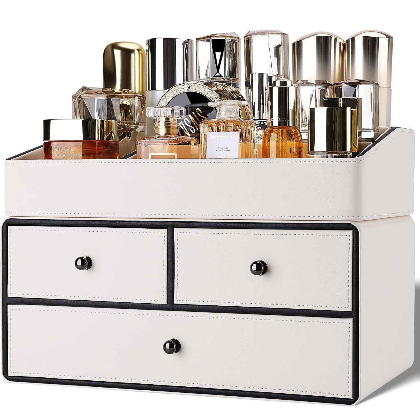 GORESE Leather Makeup Organizer with Drawers for Vanity, Stackable Skincare Holder Dresser Organizer Countertop, Make Up Storage Organizers Counter Cosmetic Display Case Gifts for Women(Cream White)
