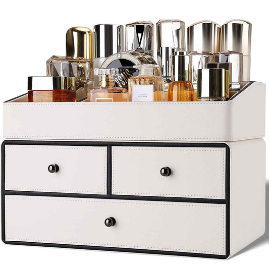 GORESE Leather Makeup Organizer with Drawers for Vanity, Stackable Skincare Holder Dresser Organizer Countertop, Make Up Storage Organizers Counter Cosmetic Display Case Gifts for Women(Cream White)
