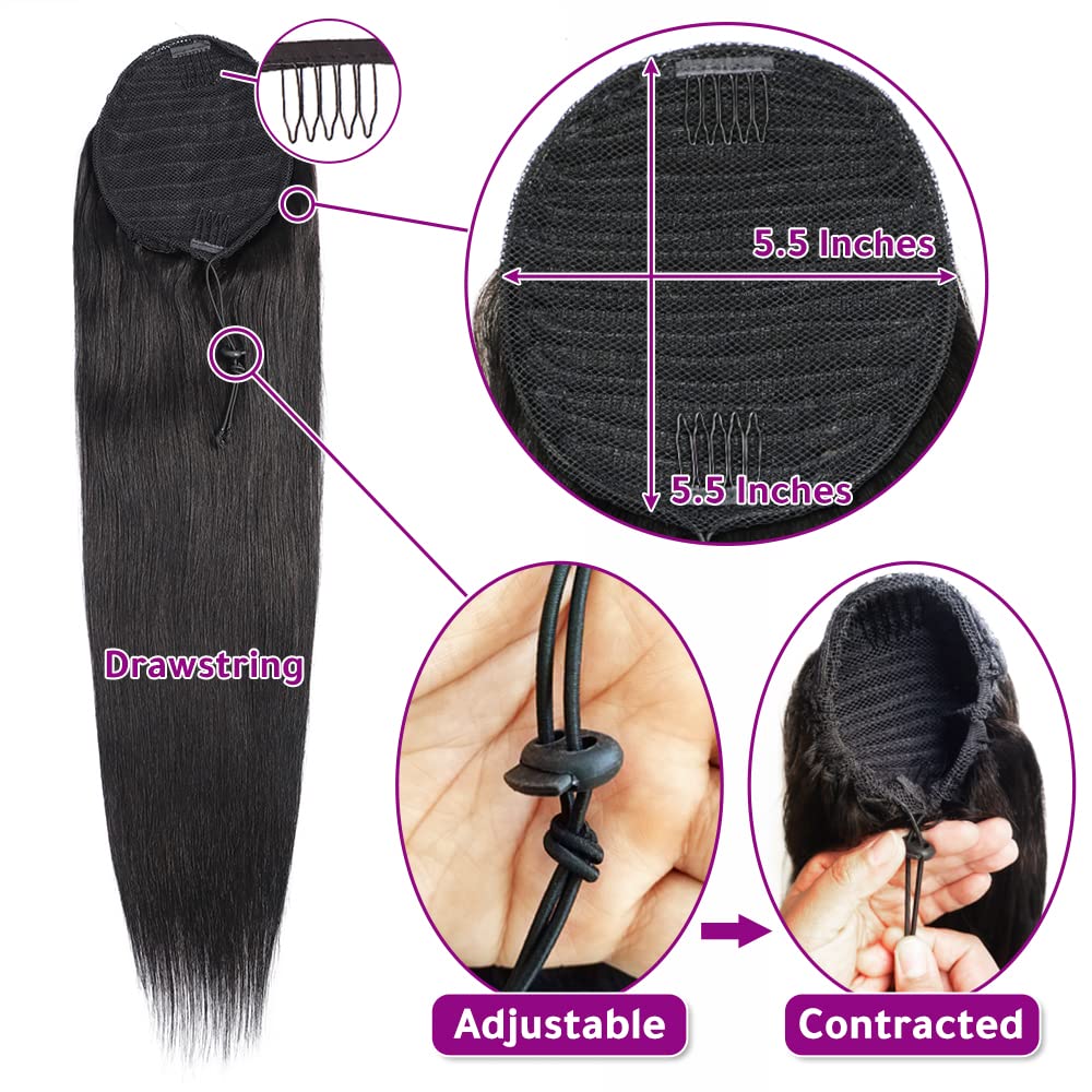 10A Grade Human Hair Ponytail Clip In Extensions 1 Piece, 100% Unprocessed Real Brazilian Hair Pony tail Hairpiece Braids Hair Extensions (28 Inch, Straight, Wrap Drawstring)