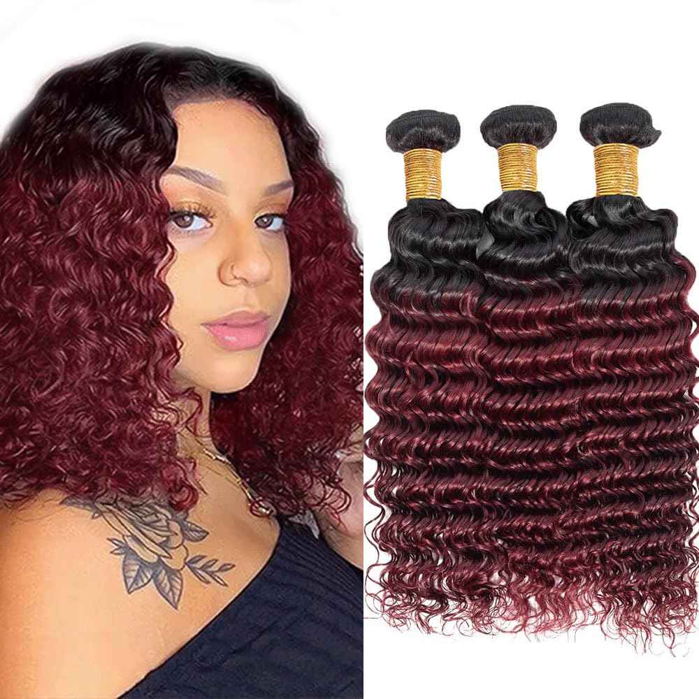 1B99J Burgundy Bundle Ombre Red Loose Deep Wave Human Hair Bundles Two Tone Black and Wine Red Bundles Human Hair 12 14 16 Inch