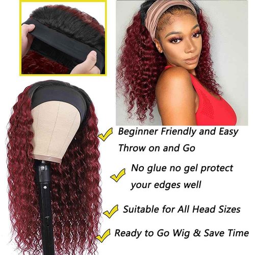 Unvizossa 24inch 1B/99J Burgundy Ombre Headband Wig Deep Wave Human Hair Wigs Headband Wig 150% Density Half Glueless None Lace Front Wigs Brazilian Virgin Human Hair Headband Wigs for Black Women