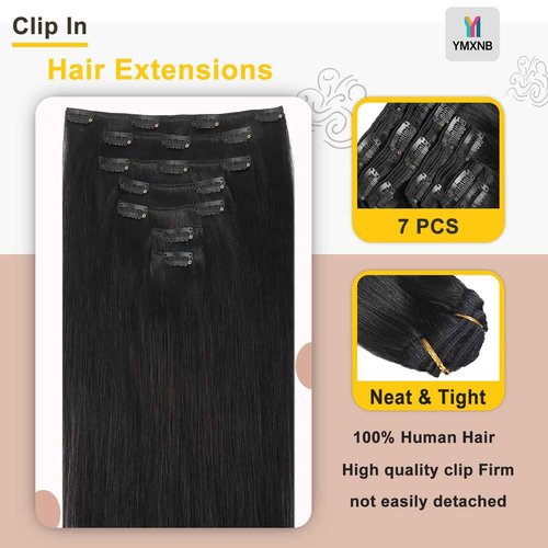 YMXNB Clip In Hair Extensions Real Human Hair 24Inch 120g 100% Remy Human Hair Extensions Clip Ins Invisible Seamless Straight Human Hair Clip In Extensions 7pcs Double Weft Natural Black