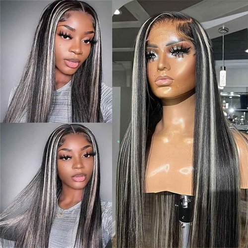 Smartinnov Grey Highlight Lace Front Wigs Human Hair Ombre Black with Grey 13x4 Glueless Wigs Virgin Hair Pre Plucked 1B Sivler 18 Inch 150% Density Transparent HD Lace Wig with Baby Hair for Women