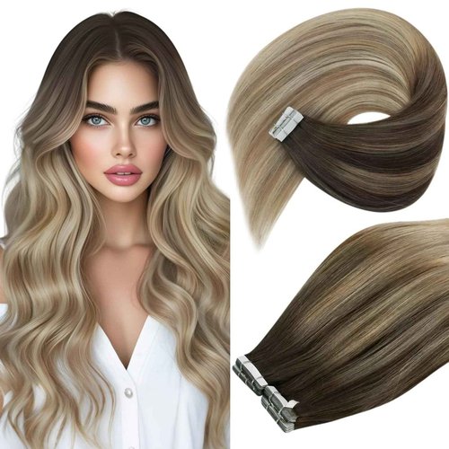 Ve Sunny Tape in Hair Extensions Human Hair 20 Inch Tape in Human Hair Extensions Dark Brown Roots to Golden Blonde Mix Light Blonde Hair Extensions Tape ins Invisible Double Sided Tapes 20Pcs 50g