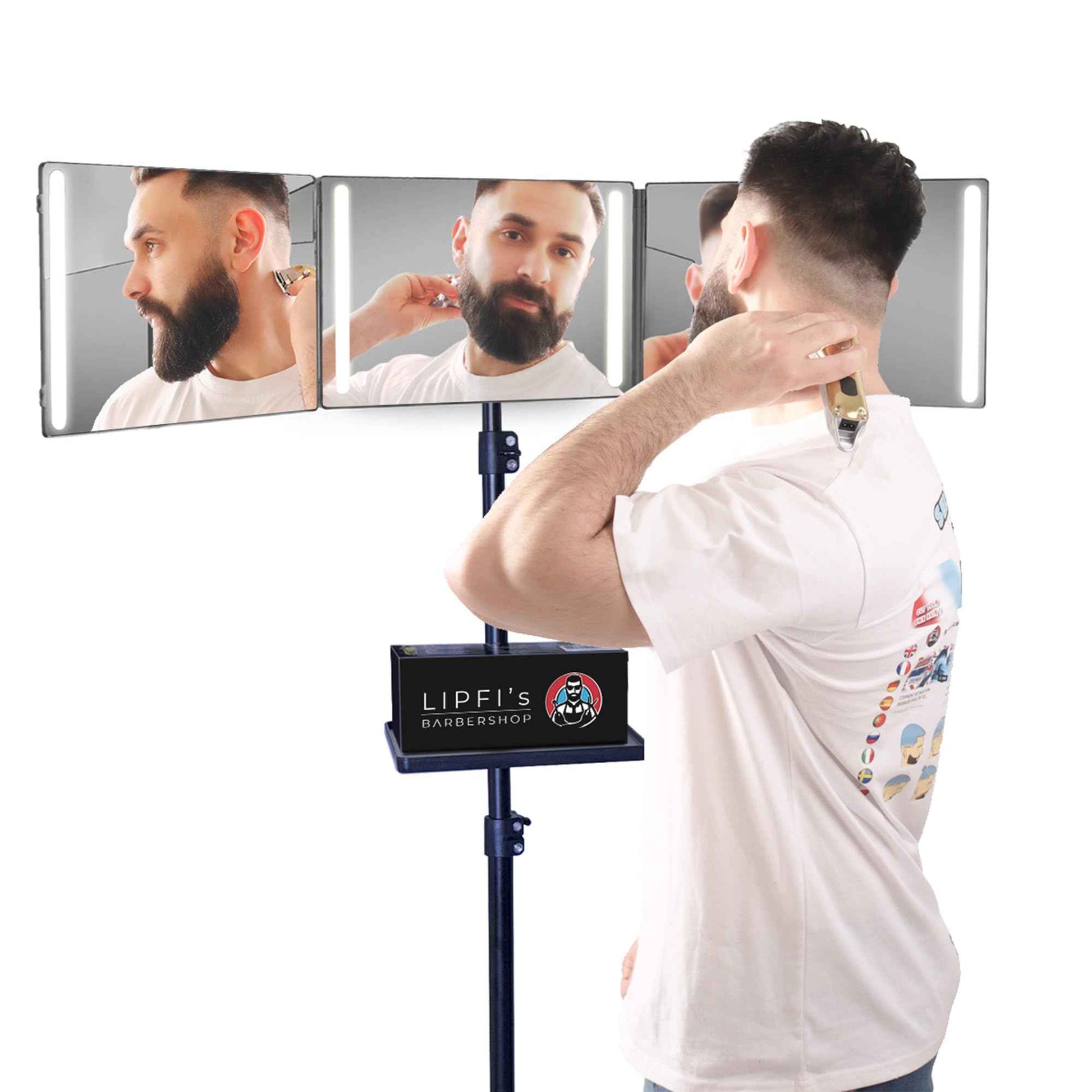 LIPFISBARBERSHOP.COM 360° Mirror with Tripod, 3-Way Mirro for Self Hair Cutting, Includes Crystal-Clear Glass, 4 LEDs, USB-C Fast Charging, Rechargeable Battery (360 Mirror + Tripod + Adapter)