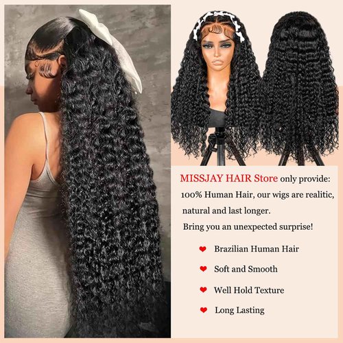 MISSJAY 13x6 Deep Wave Wig Human Hair 26 Inch Deep Wave Lace Front Wig Human Hair 200% Density Natural Color Deep Curly Wig Glueless Brazilian Virgin Hair Pre Plucked with Baby Hair for Women