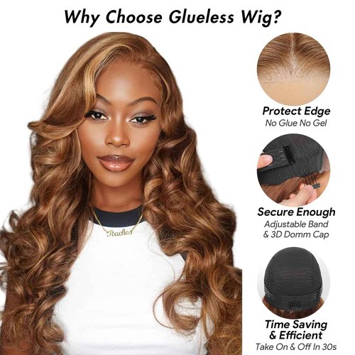 eool Highlight Glueless Wigs Human Hair Pre Plucked Pre Cut Wear and Go 9X6 HD Lace 4/27 Honey Blonde Body Wave Balayage Wigs for Black Women, 220% Density Glueless Human Hair Wigs 16Inch