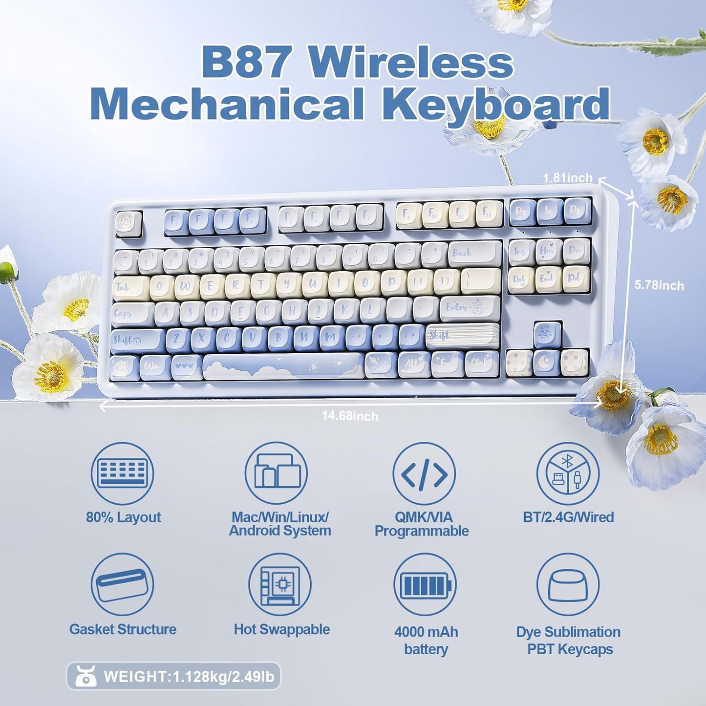 YUNZII B87 Wireless Mechanical Keyboard,QMK/VIA Programmable,TKL Layout 87 Keys,BT/2.4G/USB-C,Hot Swap Gasket Mount RGB Backlit Gaming with Wrist Rest for Win/Mac(Purple, Cocoa Cream V2)