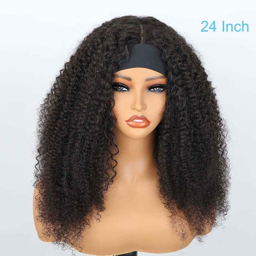 BLY Afro Curly Headband Wig Human Hair Half Wig for Women Glueless Kinky Curly Mongolian Wig 10A Grade 180% Density Natural Black Middle Part Headband Wigs 18 Inch