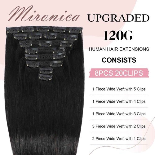 MIRONICA Clip in Hair Extensions Real Human Hair 24 Inch 120g/4.23oz 1B Natural Black Clip in 100% Brazilian Remy Virgin Human Hair Extensions 8pcs Per Set with 20 Clips Double Weft
