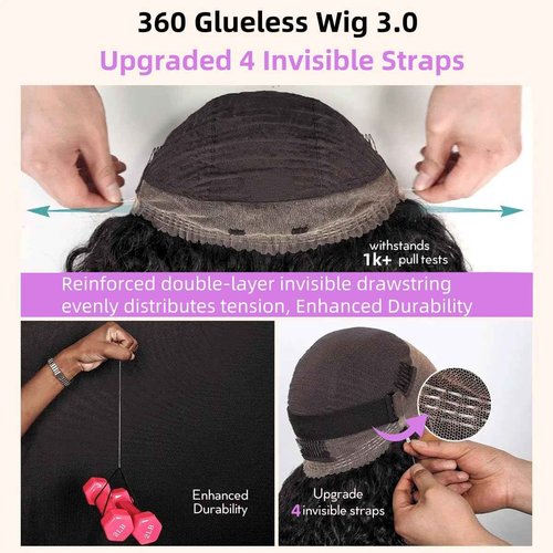 Hidden Strap 360 Skinlike HD Lace Front Wigs Human Hair Water Wave Glueless Wigs Pre Plucked Pre Cut Bleached Tiny Knots 220 Density Full Lace Frontal Wig with Invisible Drawstring Sung Fit 20inch