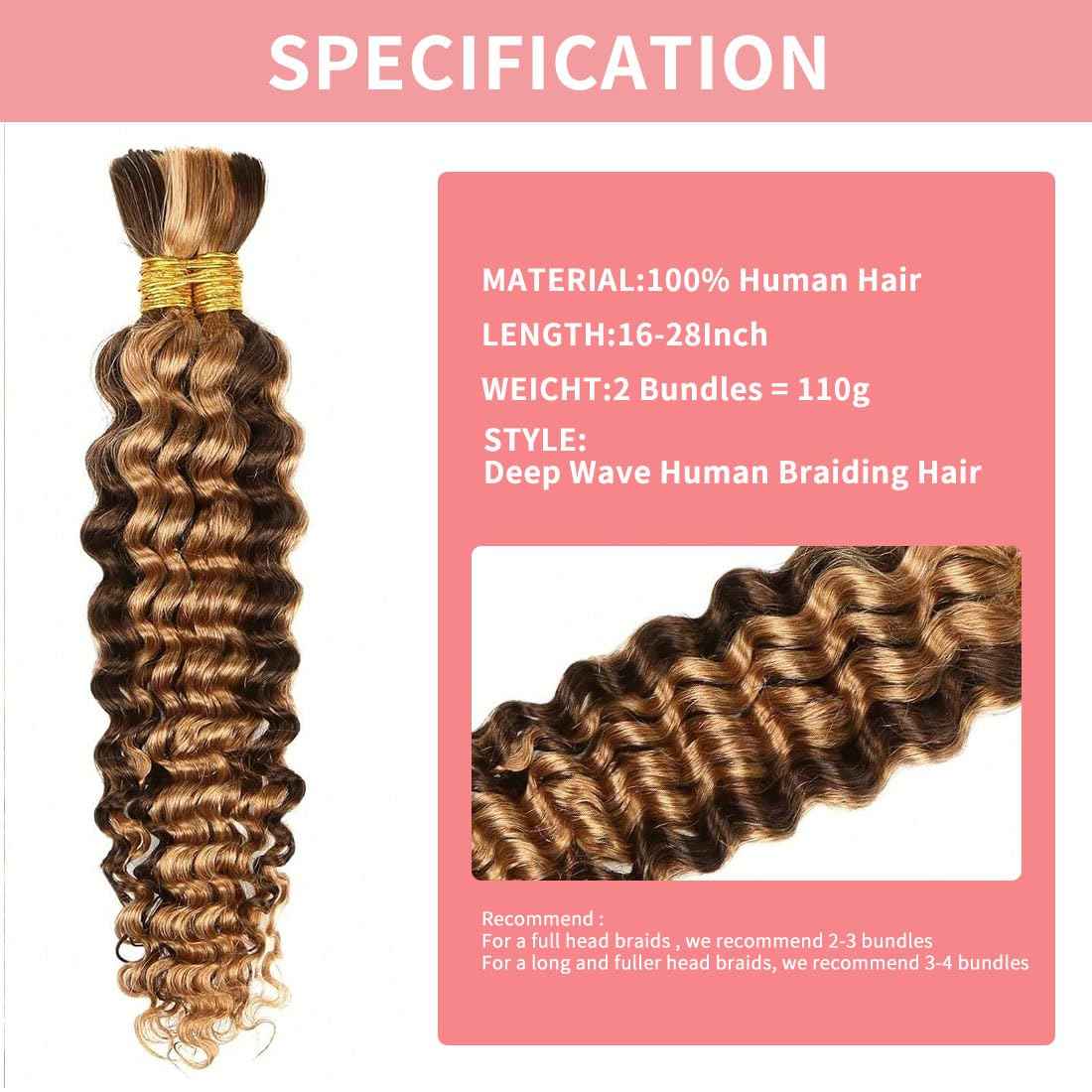 Highlight Ombre Deep Wave Bulk Human Hair Braiding 2 Bundles/Pack 110g 24 Inch No Weft Brazilian Virgin Curly Human Hair Extensions for Boho Braids Wet and Wavy Human Braiding Hair