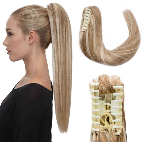 Hairro Claw Ponytail Extension Jaw On Clip On Ponytails Remy Hair Straight Balayage Two Tone Claw Clips Pony Tail Hairpiece For Women 16 Inch 105g #12P613 Golden Brown Mix Bleach Blonde