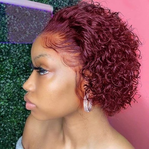 afsisterwig Short Pixie Cut Curly Styled Bob Wig Bob Burgundy Lace Front Wig Deep Short 99j Red Colored Pre Plucked Water Wave Frontal Curly Human Hair Wigs (13X4 99J Burgurdy)