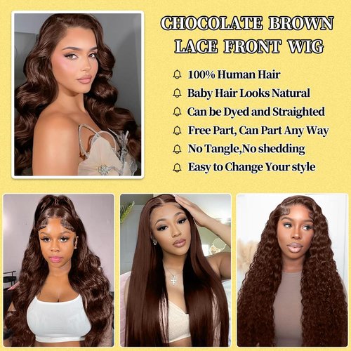 LAPONDAI 13x6 Chocolate Brown Lace Front Wig Human 200% Density Body Wave Wig HD Transparent Front Wig Human Hair Pre Plucked with Baby Hair Brown Colored Wigs Brown Wig 28 Inch