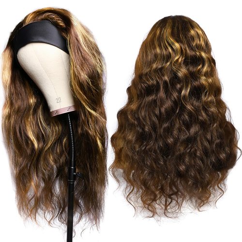Ombre Headband Wig Human Hair for Black Women 20 Inch Body Wave Honey Blonde #4/27 Highlight Wear and Go Glueless Machine Made None Lace Front Colored