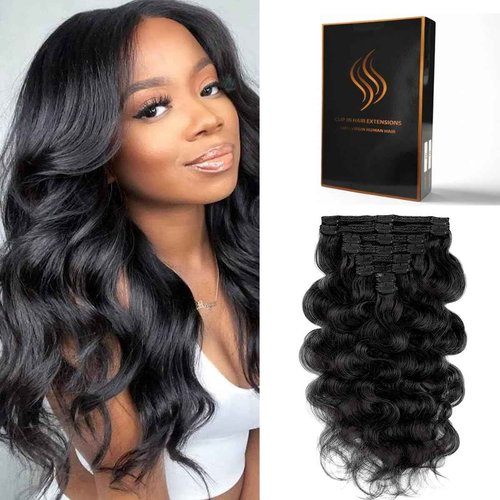 Tandulo Clip in Hair Extensions Real Human Hair Body Wave 1B Natural Black Clip in 100% Brazilian Remy Human Hair Extensions 8pcs Per Set with 18 Clips Double Weft 22 Inch 110g/3.6oz