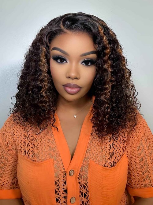 ISEE Hair Highlight Glueless Bob Wigs Human Hair Pre Plucked Pre Cut 2/30 Honey Blonde Curly Human Hair Wig for Black Women Ombre Water Wave 5x7 HD Lace Closure Wigs with Elastic Band 14 Inch