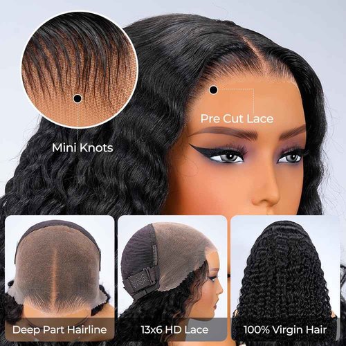 YMSGIRL 13x6 Deep Wave Lace Front Wigs Human Hair Ready To Go Curly Lace Front Glueless Wigs Human Hair Pre Plucked Pre Cut Beginner Friendly 16 Inch