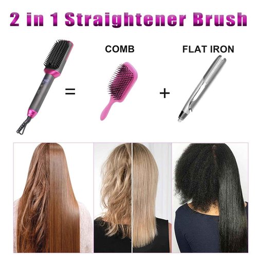 Hair Straightener Brush, 3X Denser Bristles, 2 in 1 Brush Straightener for Women, MCH Fast Heating Dual Voltage Flat Iron Comb for Curly Hair