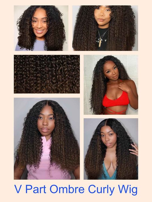 Nadula EasiContour V Part Curly Wigs Human Hair No Leave Out Ombre Black to Chestnut Brown Clip in V-part Wig,12A Glueless Highlight Upgrade U Part Human Hair Wig Ready to Go 180% Density 16inch