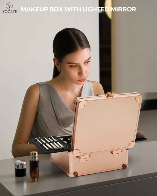 Yooaye Makeup Box with Detachable Lighted Mirror–Travel Train Case, Cosmetic/Storage Organizer & Makeup Suitcase with Adjustable Dividers & Magnetic LED Mirror (Rose Gold)