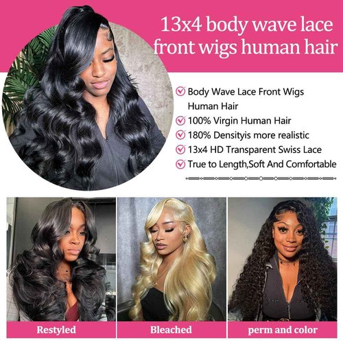 Devonia 13x4 Body Wave Lace Front Wigs Human Hair Pre Plucked 180 Density HD Lace Front Wigs for Women Wigs Human Hair Lace Frontal Natural Black Color Body Wave Wig 22 Inch