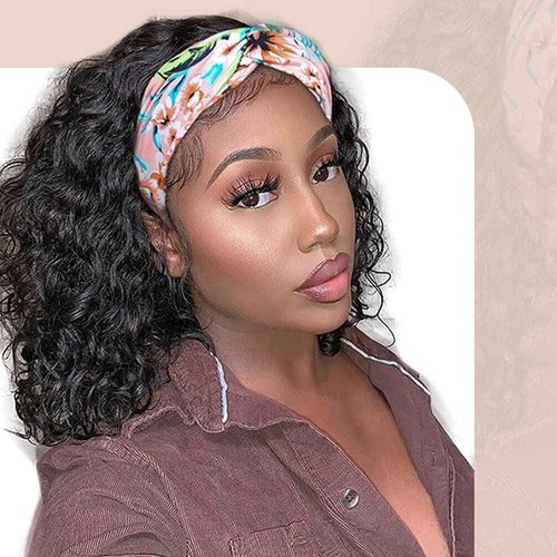 Claudianie Water Wave Headband Wig Human Hair for Black Women - 20 Inch Brazilian Virgin Hair Glueless None Lace Front Wig - Natural Black 150% Density
