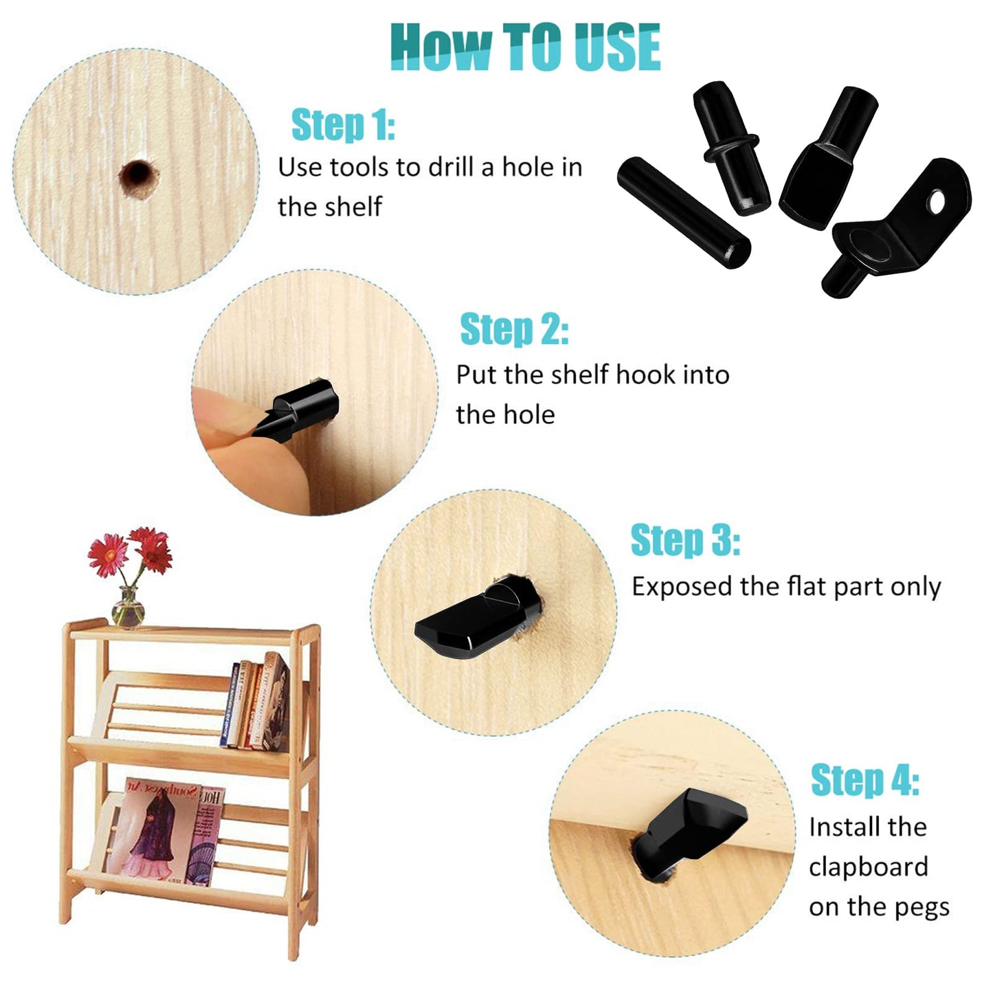 104Pcs Shelf Pins Pegs Kit,4 Styles Shelf Support Pegs,Bookshelf Pegs for Shelves,Cabinet Shelf Bracket Pegs Shelf Holders Pins for Kitchen Furniture & Closet (5mm & 1/4 inch,Black)