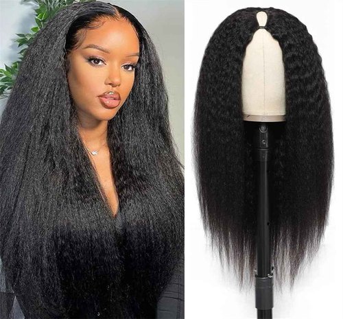 LOVFIR V Part Wig Human Hair Kinky Straight V Part Human Hair Wig for Black Women 180% Density Upgrade U Part Human hair wig Glueless V Shape Wig Yaki Straight Human Hair Wig Beginner Friendly 16 Inch