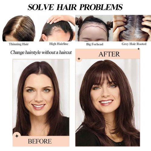 JGS1996 Hair Toppers for Women Real Human Hair Topper with Bangs Hair Clip in Wiglets Hairpieces 3.9x4.7 Silk Base Wig Toppers for Thinning Hair 150% Density Remy Hair Pieces #6 Light Brown