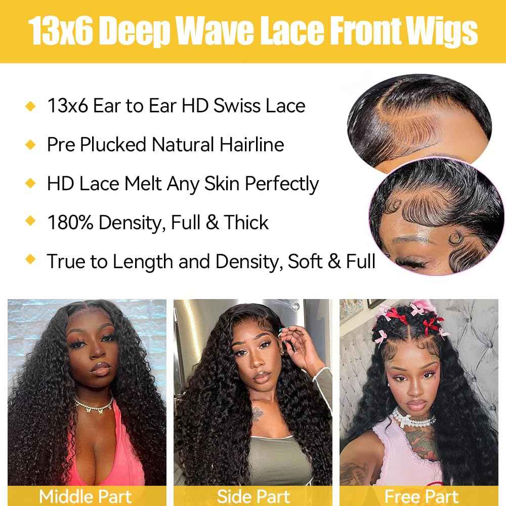 KTOOYKE 13x6 Lace Front Wigs Human Hair 26 Inch Deep Wave HD Transparent Lace Frontal Wigs Human Hair Pre Plucked with Baby Hair 180 Density Natural Color