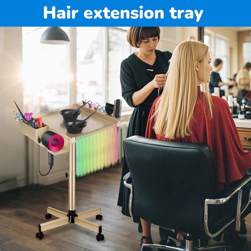 Salon Rolling Tray on Wheels with Adjustable Height - Salon & Spa Service Tray for Hair Stylist, Tattoo & Dental Use (Gold)