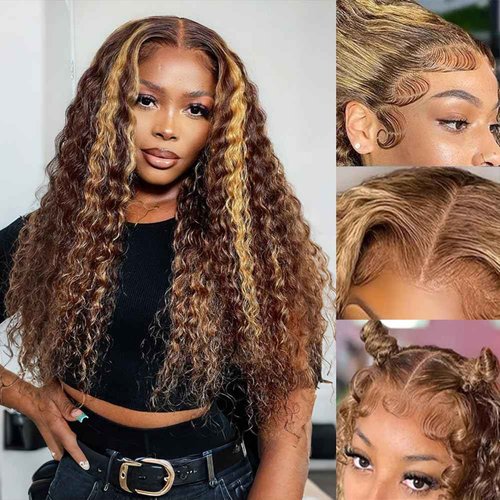 Leximi Honey Blonde 13x4 Deep Wave Lace Front Wigs Human Hair Pre Plucked with Baby Hair 4/27 Highlight Glueless HD Transparent Lace Frontal Wigs for Black Women 180 Density (18 Inch)