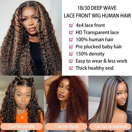Super idol Ombre Highlight Deep Wave Lace Front Wigs Human Hair 1B/30 Honey Blonde Lace Closure Wigs for Black Women Pre plucked with Baby Hair Free Part(16 Inch, 1B/30 Highlight Wig)