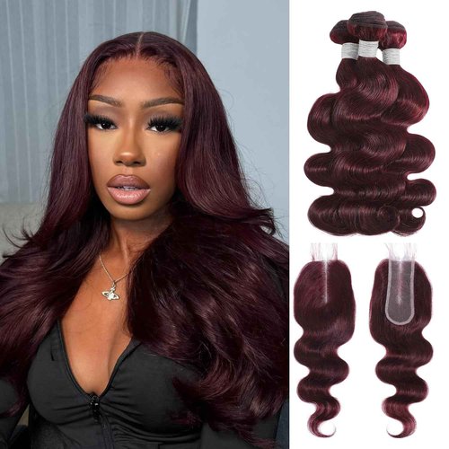 ALHER #99j Dark Burgundy Body Wave Bundles with 2x6 Closure, Purplish Wine Red Color 3 Bundles with 2x6 Long Deep Part Closure With Baby Hair, 100% Real Human Hair 10 12 14 +10 Inch