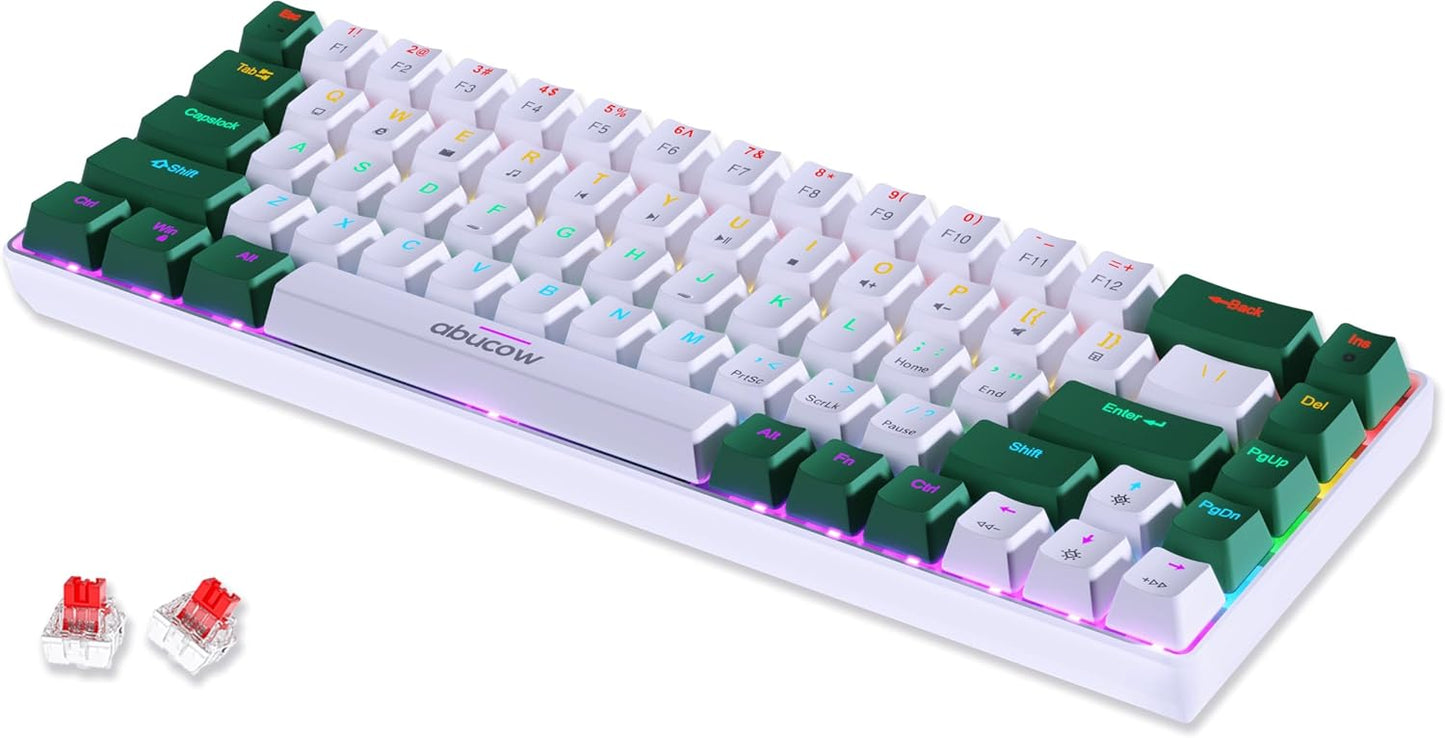 abucow 60% Mechanical Keyboard with Colorful Backlight 68-Key Gaming Keyboard White Red Keycaps - Red Switches for a Premium Typing and Gaming Experience PC Mac (White-Red)