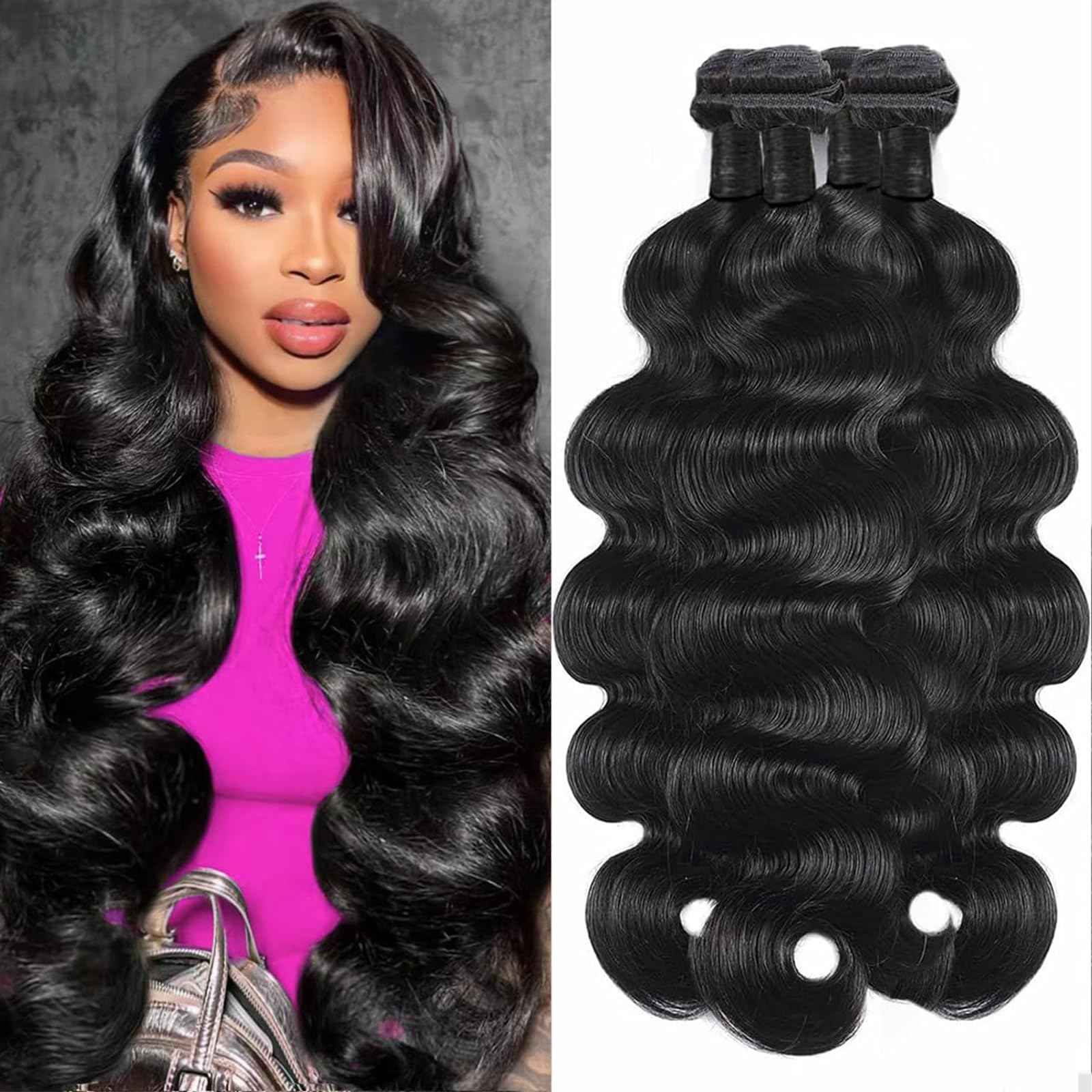 Human Hair 4 Bundles Body Wave 18 20 22 24 Inch 100% Unprocessed Brazilian Virgin Body Wavy Hair Bundles for Black Women Quick Weave Natural Black Hair