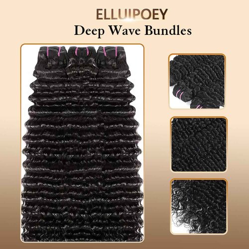 Elluipoey Deep Wave Bundles Human Hair 12 14 16 Inch Deep Curly Bundles 15A Grade 100% Unprocessed Brazilian Virgin Hair Wet and Wavy Bundles Double Weft Natural Black Color