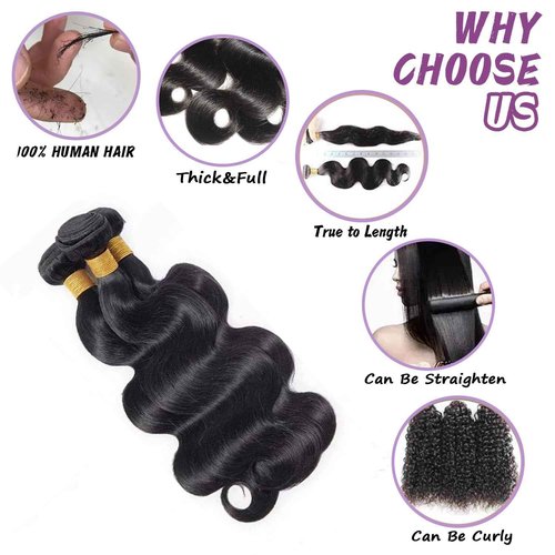 Body Wave Bundles Human Hair With 2X6 Closure (16 18 20+14 Inch) Natural Black 12A Brazilian Human Hair Bundles With Hd Lace Closure
