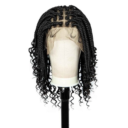 sedittyhair Synthetic Full Lace Knotless Braided Wigs with Curly Ends for Black Women Handmade Braiding Wigs with Baby Hair 16 inches Lace Frontal Braids Wig (1B Color)