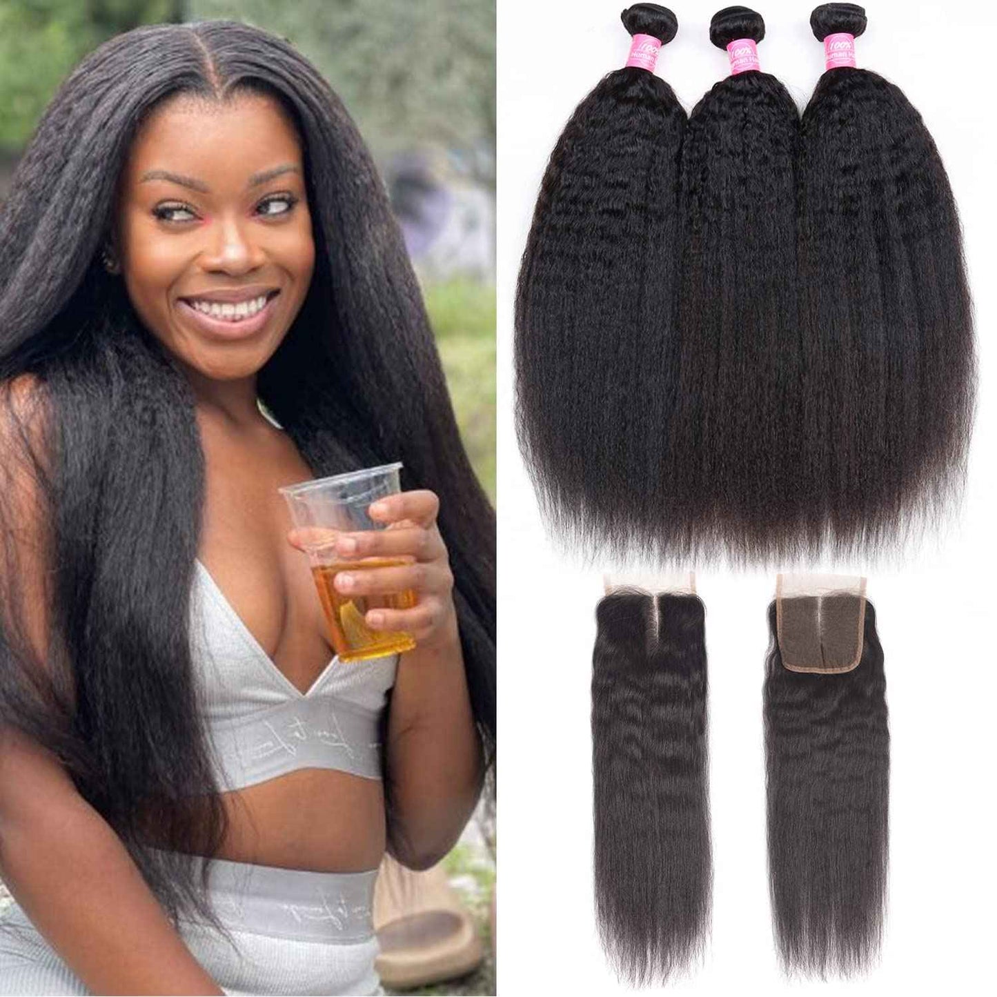 Kinky Straight Bundles with Closure Yaki Kinky Straight Human Hair 3 Bundles with 4x4 Lace Closure Unprocessed Brazilian Virgin Human Hair Weave Extensions Natural Color (14 16 18+12 closure)