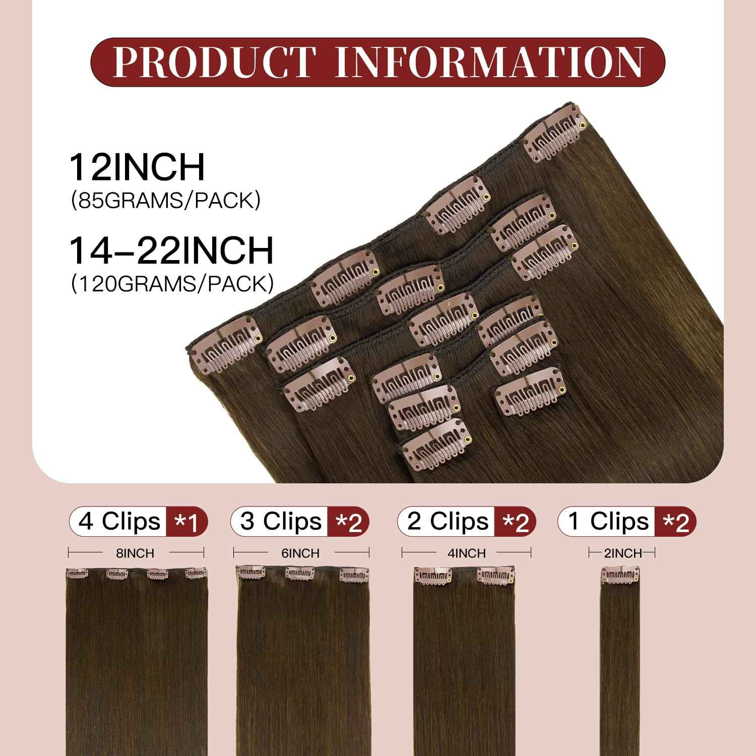 LOVELINE Clip in Hair Extensions Real Human Hair, 100% Remy Human Hair Extensions Clip Ins for Women, 7Pcs 22Inch 120g, Dark Brown