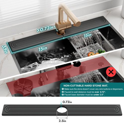 eormoe 30 inch Kitchen Faucet Absorbent Mat - Diatomaceous Earth Splash Guard for Sink Faucet, Aesthetic Water Absorbing Stone Tray in The Modern Home (30" x 3.9", Dark grey)