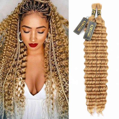 QTHAIR Brazilian Virgin Human Hair 16A Deep Wave Braiding Hair 1 Bundle 24 Inch Deep Wave Bulk Human Hair #27(Honey Blonde) Bundles for Braiding