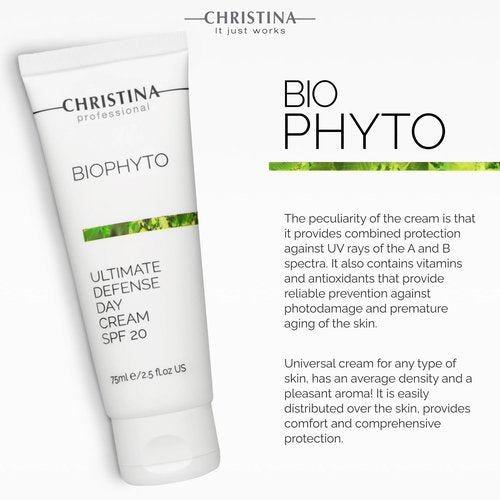 Christina Bio Phyto Ultimate Defense Day Cream Moisturizer with SPF 20-75 ml - Broad Spectrum UVA/UVB Protection Facial Moisturizer with Hyaluronic Acid & Vitamin B12- For Normal & Combination Skin