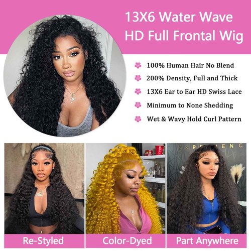 MMFZPHEIR 28Inch Water Wave Lace Front Wigs Human Hair 200 Density 13x6 HD Lace Front Wigs Pre Plucked Glueless Curly Human Hair Wigs For Women Water Wave Frontal Wigs