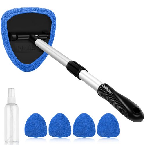 AstroAI Windshield Cleaner Tool, Car Interior Detailing Cleaning Kit with Extendable Handle and 4 Reusable Microfiber Pads, Auto Glass Wiper Brush Kit for Cars, Blue，15.9in-21in