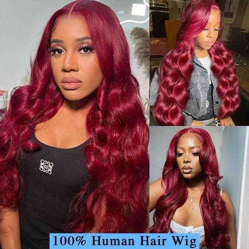 Ding Dian 28 Inch 99j Burgundy Lace Front Wigs Human Hair Red Wig Burgundy Human Hair Wig Glueless Lace Front Wigs for Women 13x4 Body Wave Lace Front Wigs Pre Plucked 180% Density